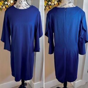 LAUREN RALPH LAUREN Ponte’ Knit Split Ruffle Bell Sleeve Navy Dress  Women’s 12
